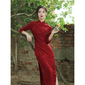 Çin Geleneksel Elbise Modern Kadın Kırmızı Düğün Gelin Cheongsam Orta Kollu Qipao Zarif Ince Anne Akşam Parti Elbiseler