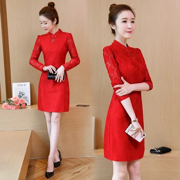 4XL Artı Boyutu kadın Moda Dantel Uzun Kollu Qipao Elbise Sonbahar Yeni Çin Geleneksel Cheongsam 4 Renk