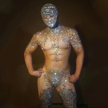 Kostüm Bar Club Parti Göstermek Sahne Giyim Parlak Rhinestones Tayt Kutup Dans Tulum seksi DJ Gece kulübü Leotard Başlık Elastik 