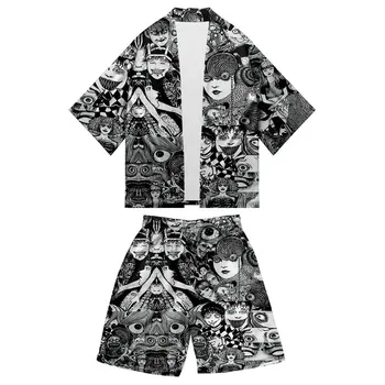 Junji Ito 3D Baskı Anime Japon Kimono Haori Yukata Cosplay Kadınlar / Erkekler Moda Yaz Rahat Kısa Kollu Streetwear Gömlek