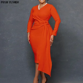 Sonbahar Bodycon Midi Elbise Kadınlar için Afrika Elbiseler 2022 Günlük Zarif Yüksek Bel Bandaj Uzun Kollu Robe Femme Afrika Giysi
