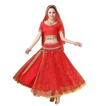 Sari Oryantal dans kostümü Bollywood Elbise Cadılar Bayramı Şifon dans kıyafeti Kostümleri Kafa Peçe Üst Kemer Etek Kadınlar İçin Hint Dans