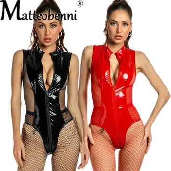 Seksi Perspektif Örgü Iç Çamaşırı Bodysuit Kadın Suni Deri Fermuar Erotik Iç Çamaşırı Bayan Lateks Catsuit Fetiş Vücut Egzotik Kostümleri