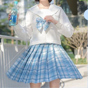 YENİ Japon JK Üniforma İki Parçalı Set Kadın Beyaz Uzun Kollu Gömlek + Mavi Ekose Mini Etek Tiki Tarzı Göndermek papyon 3 Parça Set