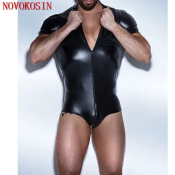 S-4XL erkekler ıslak Bak Faux deri Bodysuit eşcinsel ıç çamaşırı sahne dans artı boyutu kısa kollu striptizci PVC sıkı vücut tulum
