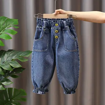 Toddler Güz Giyim Kız Pantolon Düğmesi Rahat Pantalettes Çocuklar Kot Joggers Elastik harem Pantolon Denim Olgunlaşanlar Bebek Kostüm