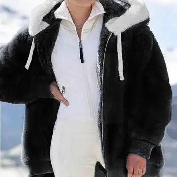 Büyük Boy kadın Faux Kürk Ceket 2022 Kış sıcak Hırka Fermuar Palto Ceket Dış Giyim Cep Kapşonlu Rahat Peluş Kıyafet