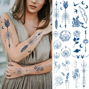 8 Yaprak Suyu Kalıcı Mürekkep Dövme Vücut Sanatı Su Geçirmez Geçici Etiket Çiçekler Ok Kadın Şakayık Tüy Gül Kol Sahte Dövmeler