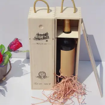Ahşap Şarap Kutusu w/ Kolu Ahşap Ambalaj kapaklı kutu Tek Şişe Şarap Hediye Kutuları Dekoratif Taşıyıcı Doğum Günü Hediyeleri için