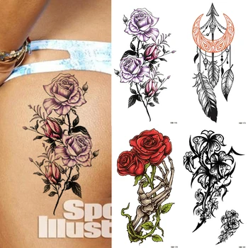 Su geçirmez Geçici Dövme Etiket Gül Çiçek Lotus Kına Flaş Dövmeler Dreamcatcher Vücut Sanatı Kol Sahte Kol Dövme Kadın Erkek