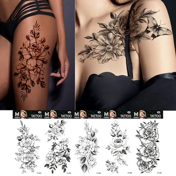 Seksi Siyah Çiçek Geçici Dövmeler Kadınlar İçin Uyluk Erkekler Sahte Ay Gül Pusula Sahte Dövmeler Önkol Kol Kol Dövme Çıkartmalar