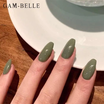 GAM-BELLE 24 Adet Düz Renk Balerin Ayrılabilir takma tırnak Fransız Tam Kapak Zeytin Yeşili Yapay Yanlış Nails İpuçları Tutkal İle