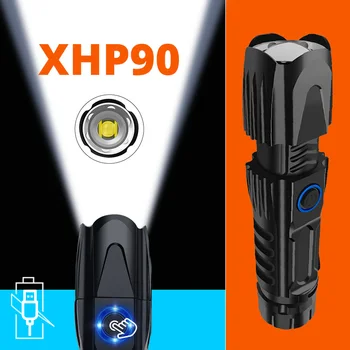 MİNİ Süper Parlak XHP90 En Güçlü El Feneri Şarj Edilebilir LED Avcılık El Lambası USB Torch 26650 5000mAh Zoom USB XPE Lamba