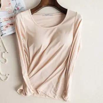 6 Renkler Dahili Yastıklı Sütyen T-shirt kadın Uzun Kollu Nefes Giyim Kadın Dip T Shirt Üstleri Rahat Bayan En Tees