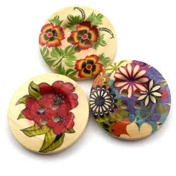 30MM Çiçek Baskılı Yuvarlak Ahşap Düğme 4 Delik Karışık Ahşap Düğmeler Dikiş Aksesuarları Giyim Dekorasyon için DIY 20/50 ADET