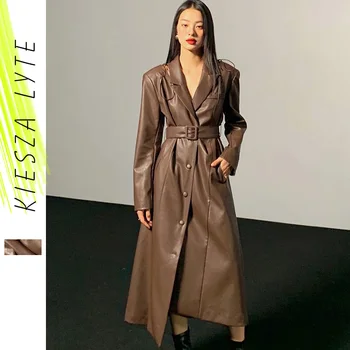 2022 Sonbahar Yeni Trençkot Kadın Fransız Uzun Kollu Kemer Deri Ceket Zarif Lüks Moda Dış Giyim Kore Tarzı