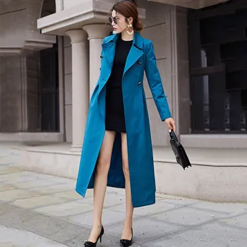 Butik High-End Kaliteli Trençkot Kadın Sonbahar 2020 Pus Mavi Uzun Rüzgarlık Kadın Kruvaze Moda Palto Q393