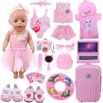 Oyuncak bebek giysileri Pembe Etek Flamingo Bkini, Tavşan Saç Tokası, Ayakkabı İçin 18 İnç Amerikan Oyuncak ve 43cm Doğan Bebek Bebek Aksesuarları doğum günü hediyesi