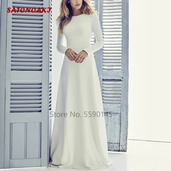 2022 Yeni A-Line Mütevazı Princesa düğün elbisesi Kadınlar için Uzun Kollu Jewel Boyun Sweep Tren gelin kıyafeti Vestidos De Novia Fransa