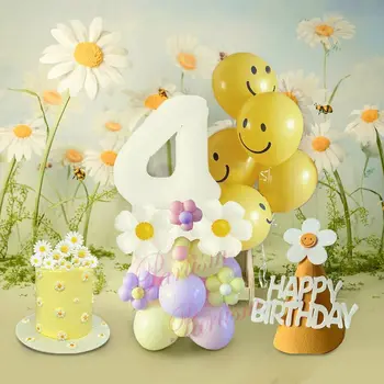 1 takım Papatya Temalı Doğum Günü Partisi Balonlar Afiş Kağıt Kek Toppers için Mutlu Doğum Günü Partisi Dekorasyon DIY Düğün Malzemeleri