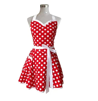 Güzel Sevgiliye Kırmızı Retro Mutfak Önlükleri Kadın Kız Pamuk Polka Dot Pişirme Salon Önlük Vintage Önlük Elbise Su Geçirmez