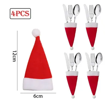 4 adet / takım Noel Çatal Kapak Noel Süslemeleri Noel Şapka Bıçak Çatal saklama çantası Yemek masası Süsler Ev Navidad Dekor
