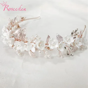 Kadın Saç Takı Düğün Taç el Yapımı Porselen Çiçek Gelinlik Taç RE4647-2 Romantik İnci Nedime 
