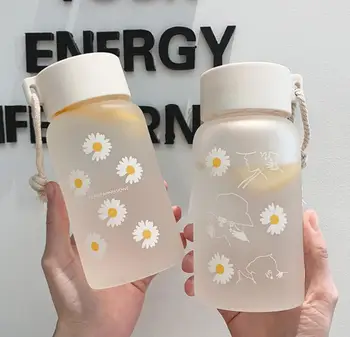 500 ml Küçük Papatya Şeffaf Plastik Su Şişeleri BPA Ücretsiz Yaratıcı Buzlu Su Şişesi Ile Taşınabilir Halat Seyahat çay bardağı