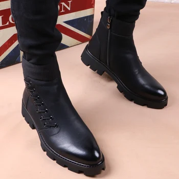 italyan marka tasarımcısı erkek eğlence kovboy çizmeleri doğal deri platform ayakkabılar siyah sonbahar kış bileğe kadar bot kısa botas erkek