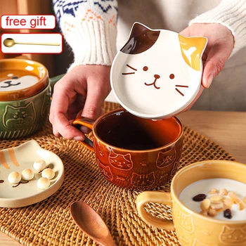 Seramik Sevimli Kedi Kupalar Shiba Inu Kahve Fincanları kapaklı kupa Kişilik Hediye Ev Karikatür Kawaii Çocuklar Kahvaltı Yulaf süt kupası