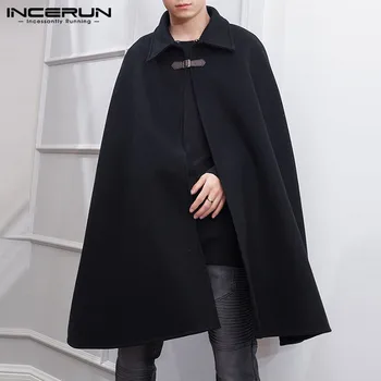 INCERUN 2022 Moda Erkek Pelerin Palto Düz Renk Bir Düğme Yaka Pelerin Siper Streetwear Kış Faux Karışımları Palto Erkekler Ceketler