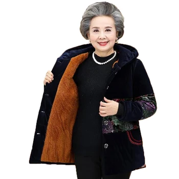 Orta yaşlı ve Yaşlı kadın Ceket Pamuk Yastıklı kışlık ceketler Tek göğüslü Kapşonlu Peluş Kalın Sıcak Palto Parkas K801