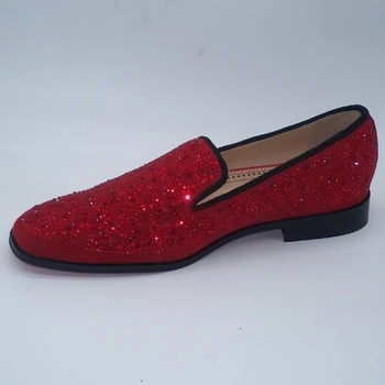 sapato sosyal masculino klasik el yapımı kırmızı siyah deri loafer'lar üzerinde kayma kristal rhinestone glitter ofis erkek elbise ayakkabı