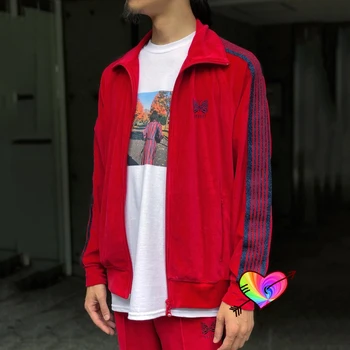 Kırmızı Kadife İğneler Ceket Yeni Erkek Kadın AWGE İğneler Kelebek İşlemeli Logo Ceket Yüksek Sokak Spor Mont Giyim