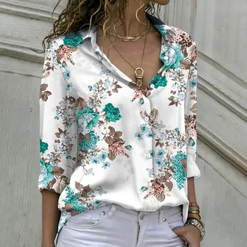 Eğlence Bahar Sonbahar Üst Kadın Yaka Tek Göğüslü Gömlek Çiçek Baskı Bluz Ofis Uzun Kollu kadın gömleği Blusas Mujer