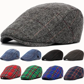 Erkek Newsboy Şapka Sonbahar Kış İngiliz Batı Tarzı Çizgili Bere Kapaklar Sıcak Yün Gelişmiş Düz Ivy Kap Vintage Bere erkekler için