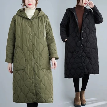 Sıcak Gevşek Kapşonlu Parkas Ceket Kadın Yeni Sonbahar Kış Kadın Vintage Yeşil Pamuk Ceket Orta Uzunlukta Kalın Pamuk kapitone ceket