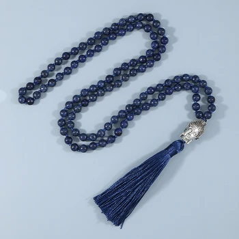 YUOKIAA Doğal Taşlar Lapis Lazuli 108 Mala Boncuklu Kolye Meditasyon Yoga Ruhu Takı Buda Baş Namaz Püskül Kolye