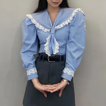 Vintage Dantel Puf Kollu Donanma Yaka Uzun Kollu Üst Mavi Çizgili Gri Kawaii Şık Gömlek Bluz Tasarımcı Kore Moda