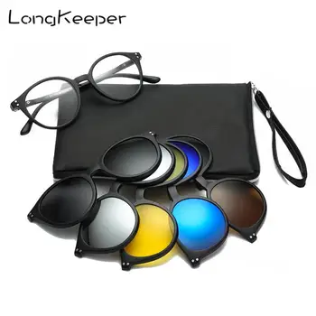 LongKeeper 5 + 1 takım elbise moda klips Gözlük Kadın Çerçeveleri Klipleri Polarize Güneş Gözlüğü gözlük erkekler Klip gözlük 6 in 1 çanta ile
