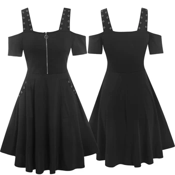 Kadın Grommets Yarım Fermuar Soğuk Omuz Elbiseler 50S Siyah Gotik Kokteyl Mini Parti askı elbise A-Line Vestidos