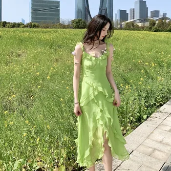 Yaz Parti Midi Zarif Yeşil Elbise Kadınlar 2023 Seksi Asimetrik Tasarım Vintage rahat elbise Kolsuz Şifon Tatlı Elbise