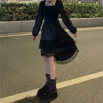 Yeni Gotik Kadınlar Siyah Peri Parti Elbise Çapraz Kare Yaka Lolita Prenses Düzensiz Elbise Sevimli Kawaii Dantel Ruffles Şık Elbise