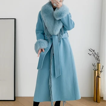 Kış Kadın Gerçek Kürk Ceket Uzun Püskül Kaşmir Yün Karışımları Ceket Kadın trençkotlar Kemer Tilki Kürk Yaka Kapşonlu Streetwear