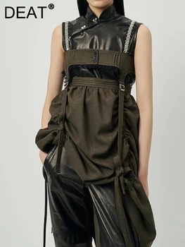 DEAT Moda kadın Elbise Yeni Slash Boyun Gevşek Hollow Out Metal Zincir Spagetti Kayışı Mini Elbiseler Kadın Yaz 2023 17A2499