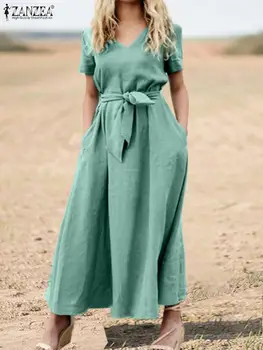 ZANZEA Yaz Kadın Zarif Elbise Katı Kısa Kollu V Yaka Kemer Sundress Moda Bağbozumu Rahat Büyük Boy Cepler Elbise 2022
