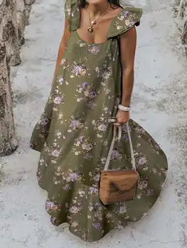 Celmia 2022 Tatil Eğlence Sundress Kadınlar Ruffles Kolsuz Maxi Elbise A-line Bohemian Uzun Elbiseler Çiçek Baskı Yaz Vestidos