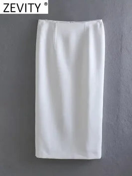 Zevity Kadın Moda Beyaz Yumuşak Dokunmatik Bölünmüş Midi Etek Faldas Mujer Kadın Chic Geri Fermuar Casual Slim Bir Çizgi Vestidos QUN2785