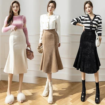 Kore Moda Yün gibi Orta Fishtail Etek Kadın İlkbahar Sonbahar Kış Bayanlar Şık Rahat Zarif Midi Etekler Ucuz Toptan