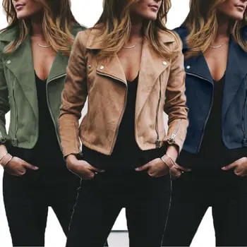 Yeni moda katı sıska Ceket kadın Bayanlar Süet deri ceketler Zip Up Biker Kadın Rahat Mont Kadın Uçuş Ceket S-XL